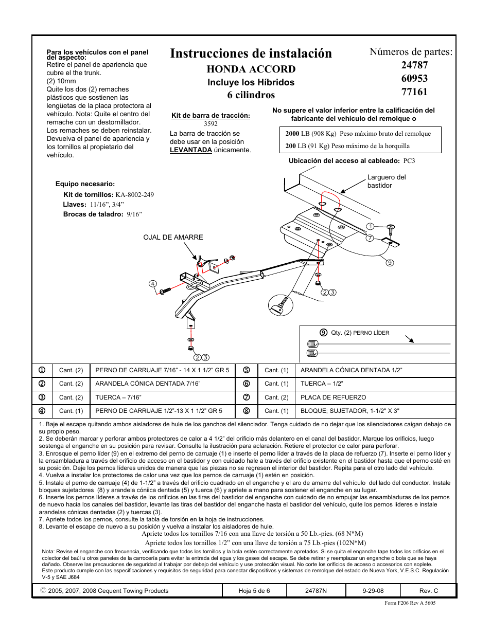 Instrucciones de instalación, Honda accord, Incluye los híbridos | Draw-Tite 24787 SPORTFRAME HITCH User Manual | Page 5 / 6
