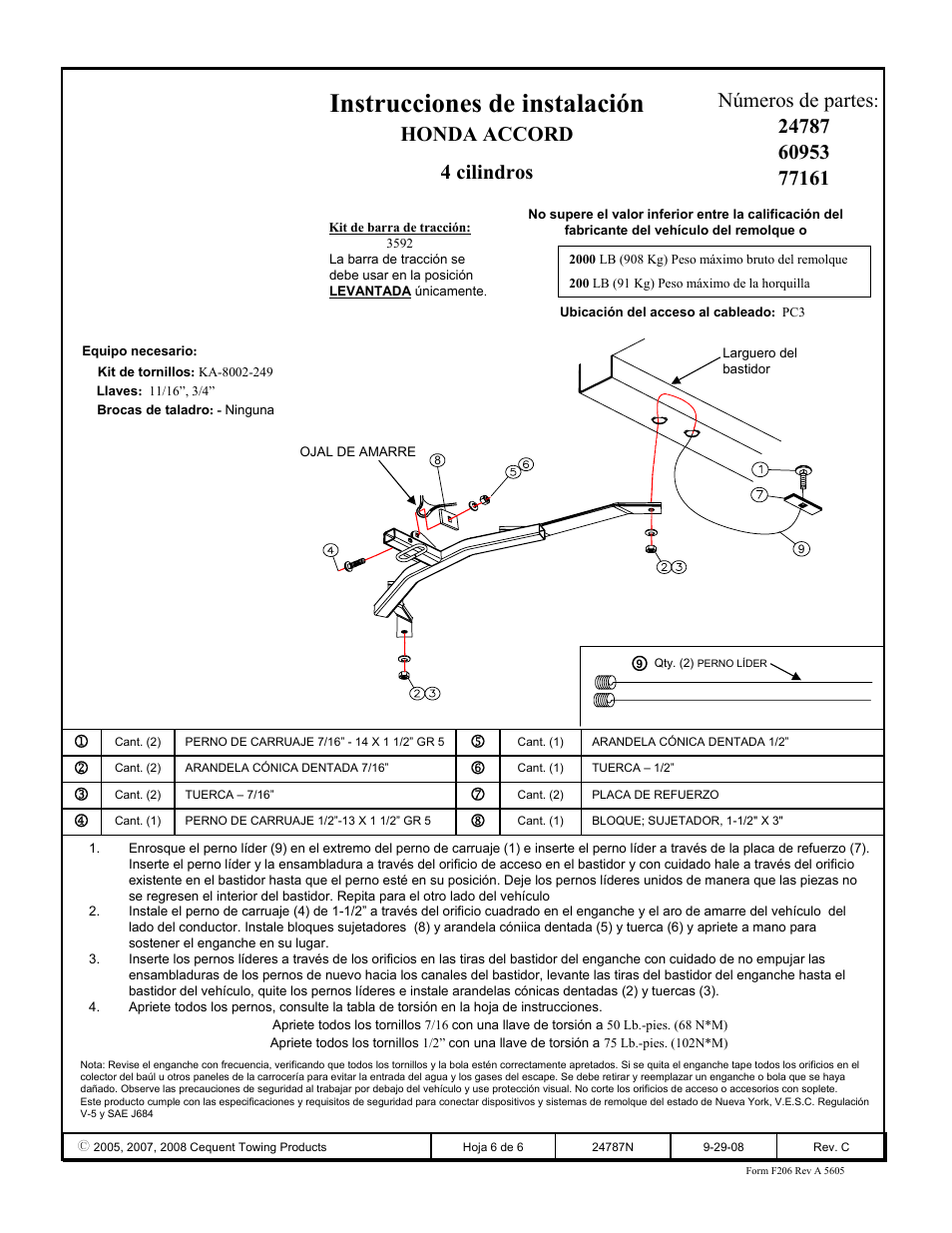 Instrucciones de instalación, Honda accord 4 cilindros números de partes | Draw-Tite 24787 SPORTFRAME HITCH User Manual | Page 6 / 6