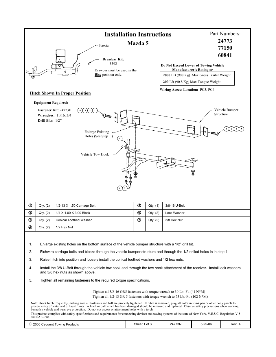 Draw-Tite 24773 SPORTFRAME HITCH User Manual | 3 pages