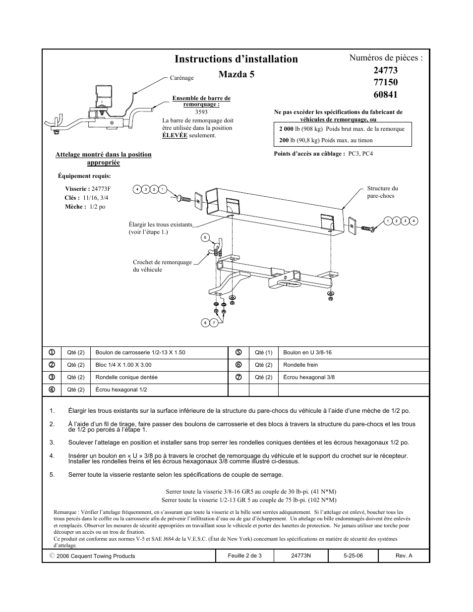 Instructions d’installation, Mazda 5, Numéros de pièces | Draw-Tite 24773 SPORTFRAME HITCH User Manual | Page 2 / 3