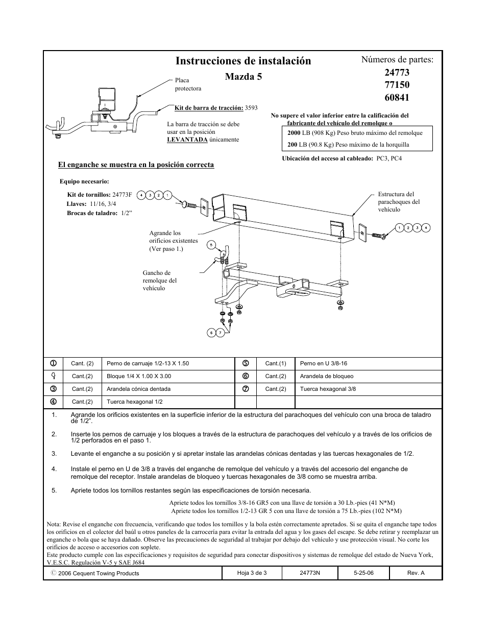 Instrucciones de instalación, Mazda 5, Números de partes | Draw-Tite 24773 SPORTFRAME HITCH User Manual | Page 3 / 3