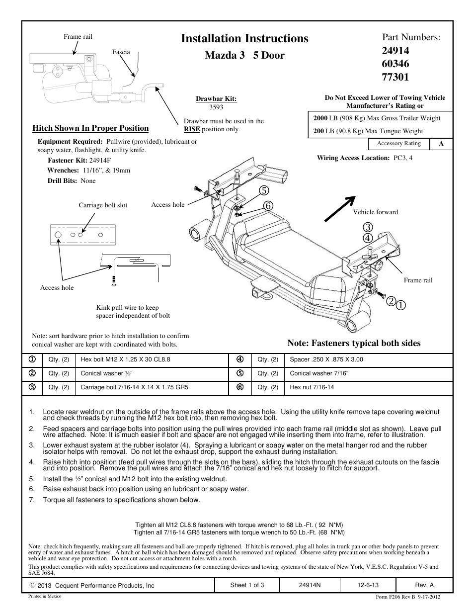 Draw-Tite 24914 SPORTFRAME HITCH User Manual | 3 pages