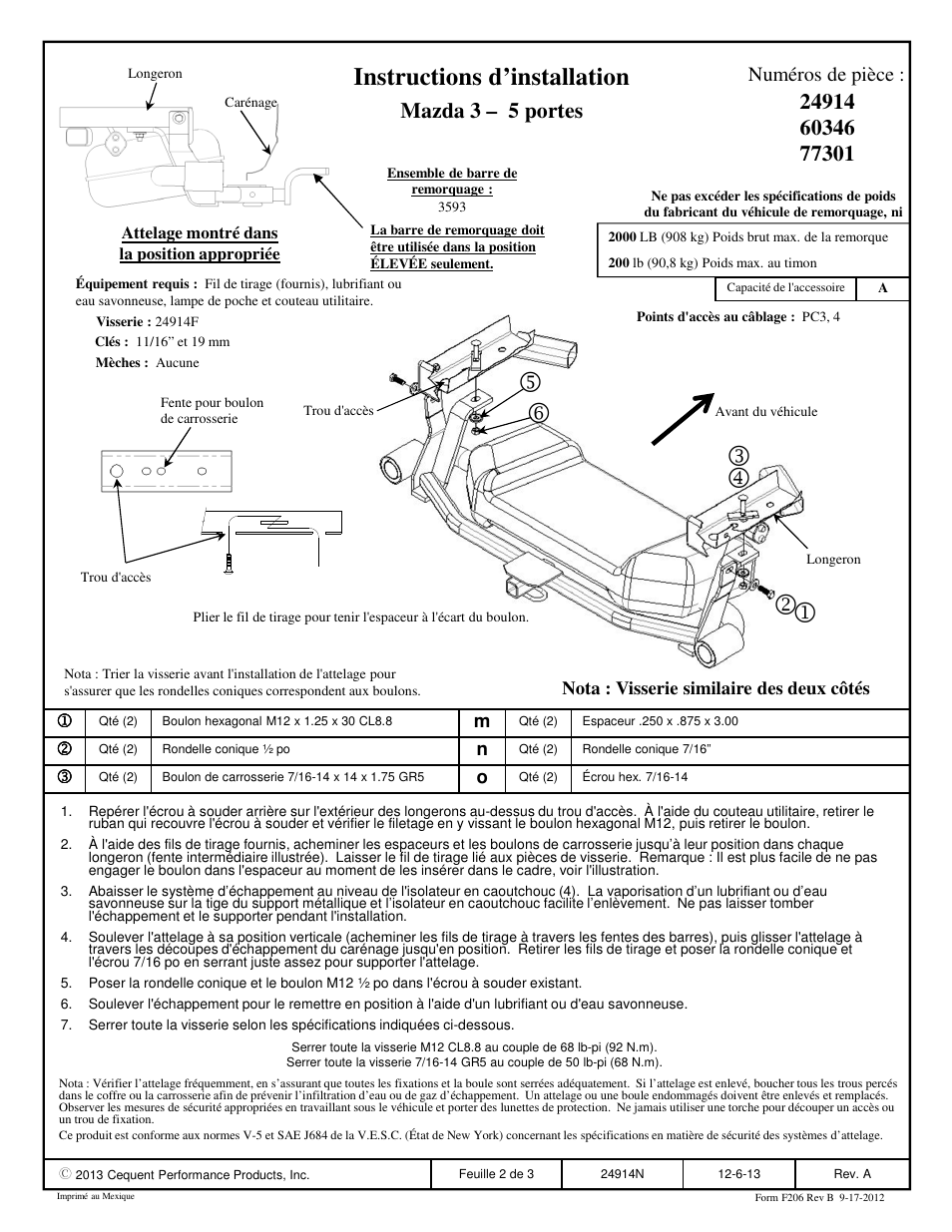 Instructions d’installation, Mazda 3 – 5 portes, Numéros de pièce | Draw-Tite 24914 SPORTFRAME HITCH User Manual | Page 2 / 3