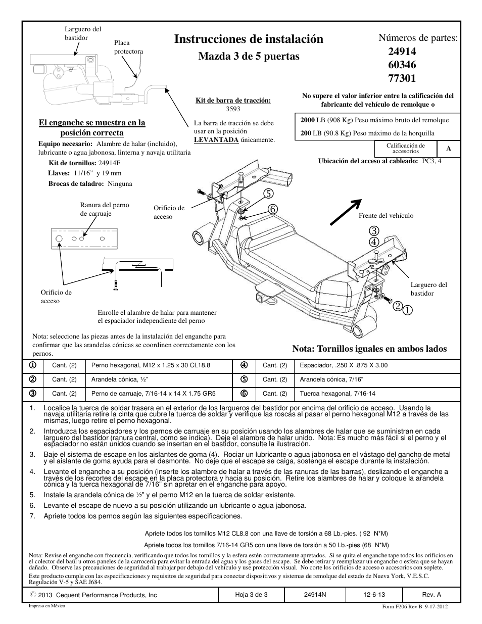 Instrucciones de instalación, Mazda 3 de 5 puertas, Números de partes | Draw-Tite 24914 SPORTFRAME HITCH User Manual | Page 3 / 3