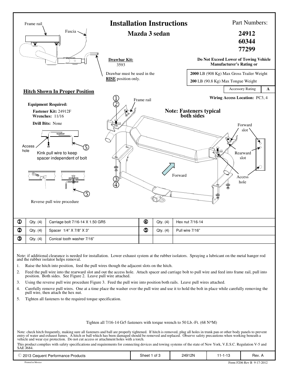 Draw-Tite 24912 SPORTFRAME HITCH User Manual | 3 pages