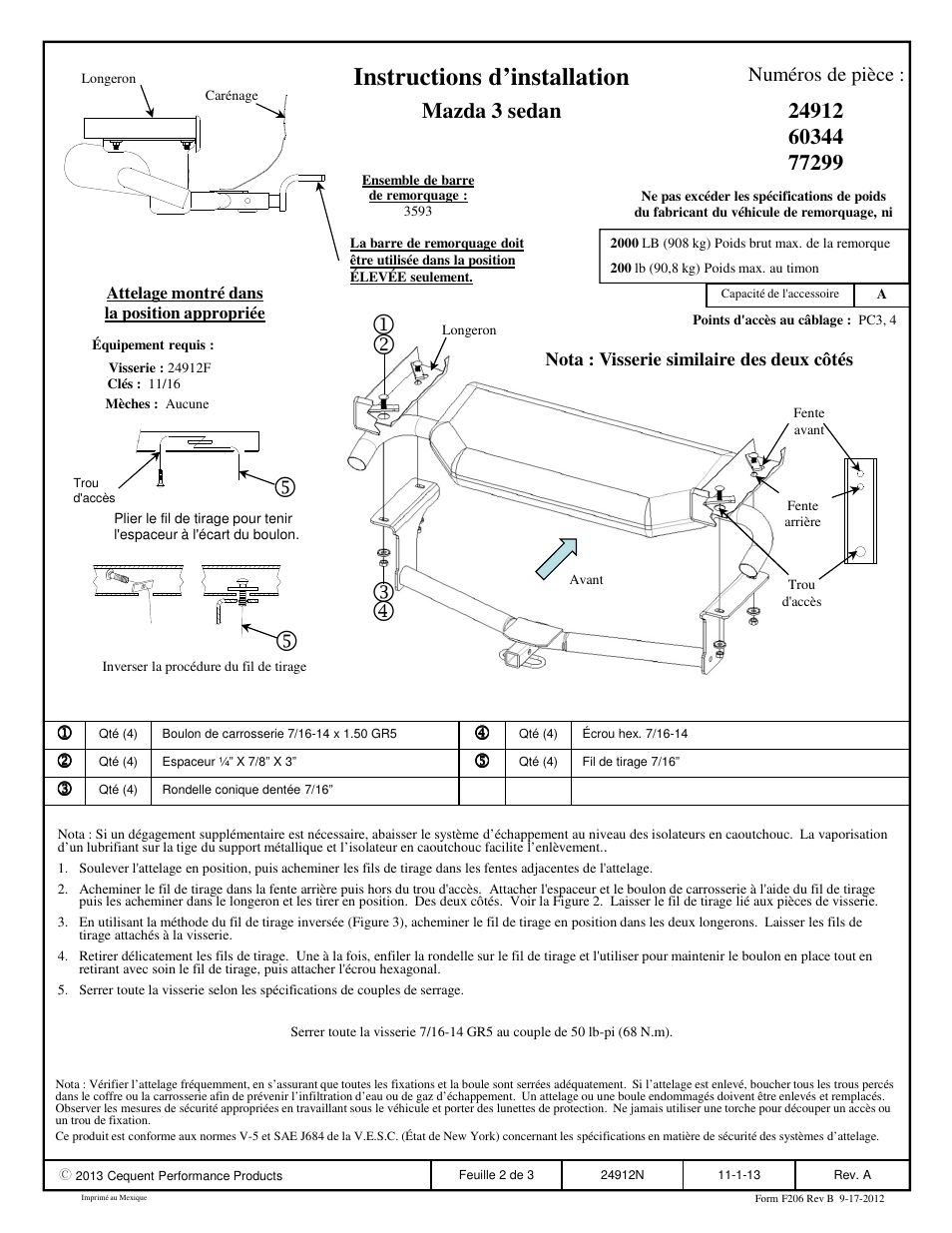 Instructions d’installation, Mazda 3 sedan, Numéros de pièce | Draw-Tite 24912 SPORTFRAME HITCH User Manual | Page 2 / 3