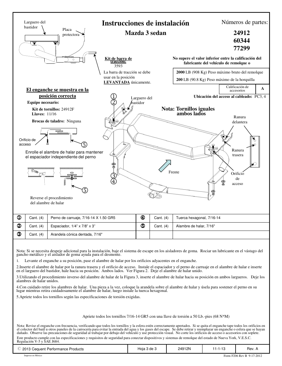 Instrucciones de instalación, Mazda 3 sedan, Números de partes | Draw-Tite 24912 SPORTFRAME HITCH User Manual | Page 3 / 3
