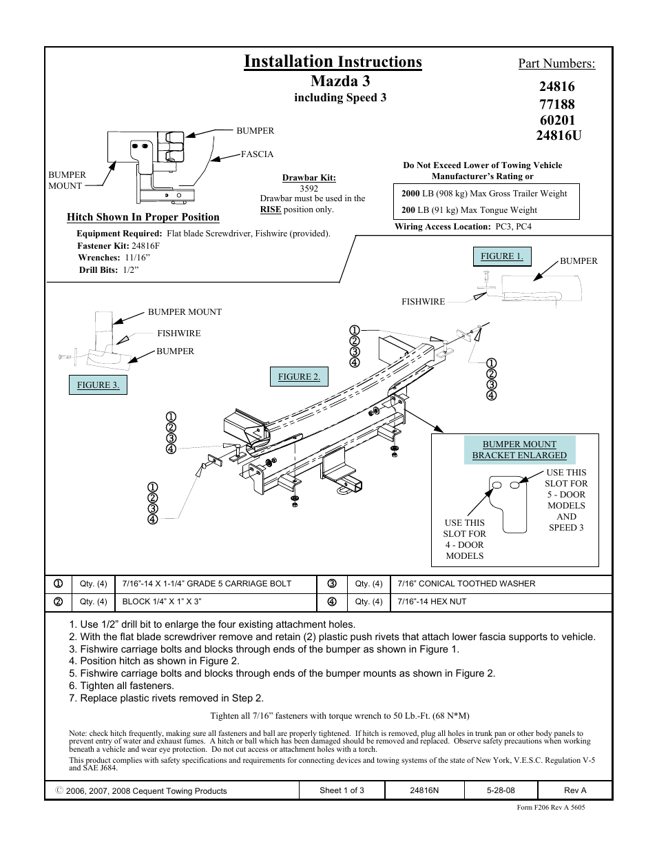 Draw-Tite 24816 SPORTFRAME HITCH User Manual | 3 pages