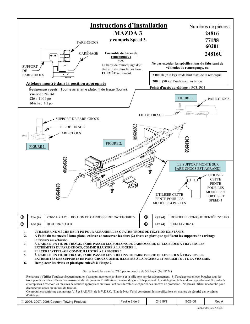 Instructions d’installation, Mazda 3, Numéros de pièces | Draw-Tite 24816 SPORTFRAME HITCH User Manual | Page 2 / 3