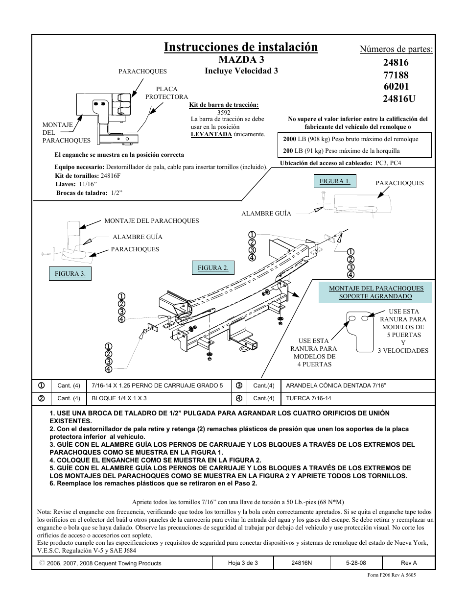 Instrucciones de instalación, Mazda 3, Números de partes | Draw-Tite 24816 SPORTFRAME HITCH User Manual | Page 3 / 3