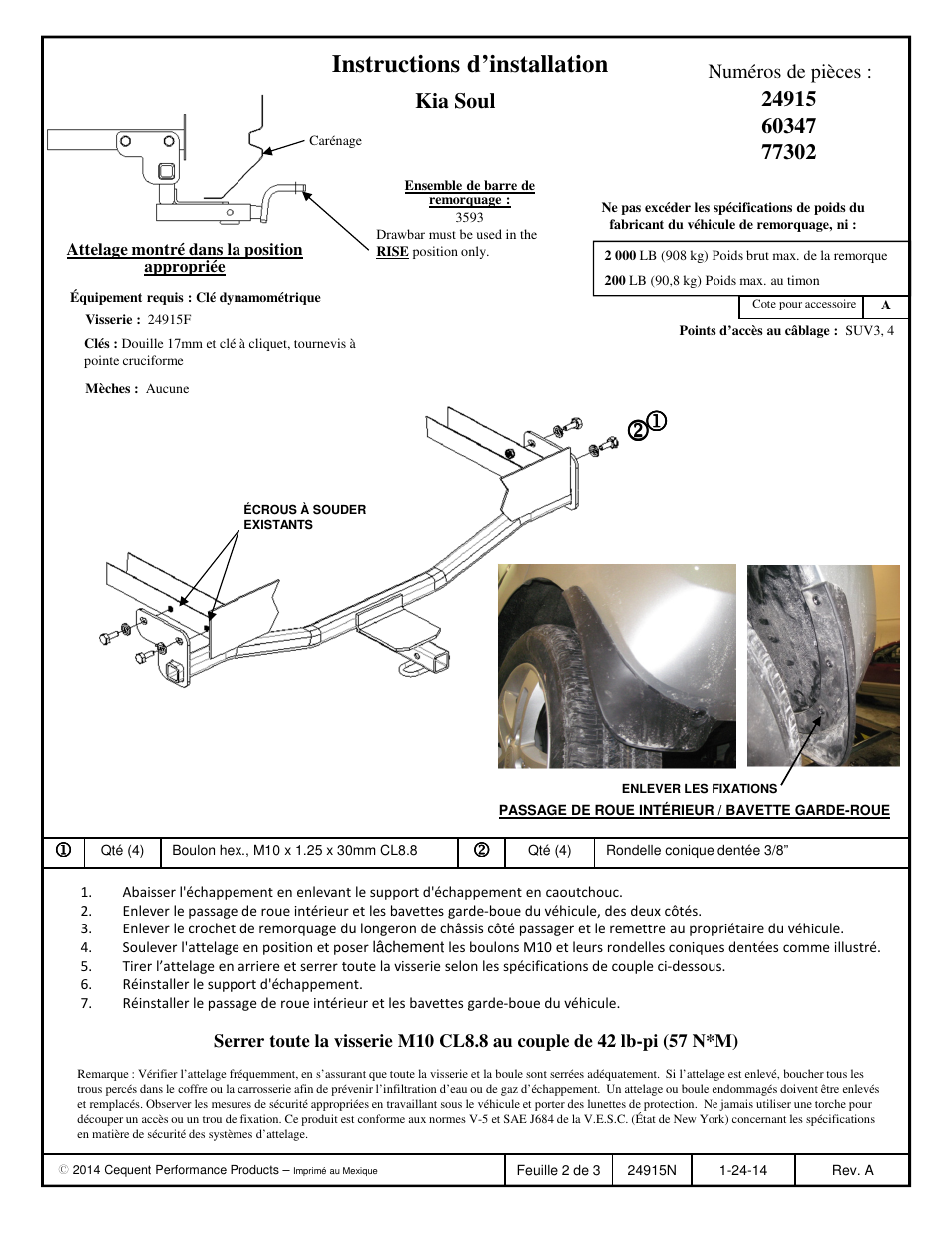 Instructions d’installation, Kia soul | Draw-Tite 24915 SPORTFRAME HITCH User Manual | Page 2 / 3