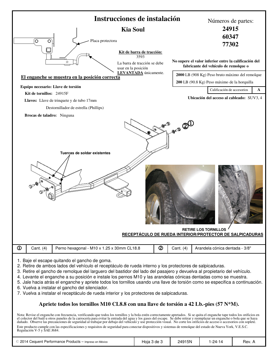 Instrucciones de instalación, Kia soul | Draw-Tite 24915 SPORTFRAME HITCH User Manual | Page 3 / 3