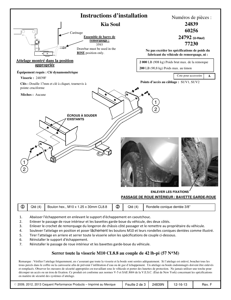 Instructions d’installation, Kia soul, Numéros de pièces | Draw-Tite 24839 SPORTFRAME HITCH User Manual | Page 2 / 3