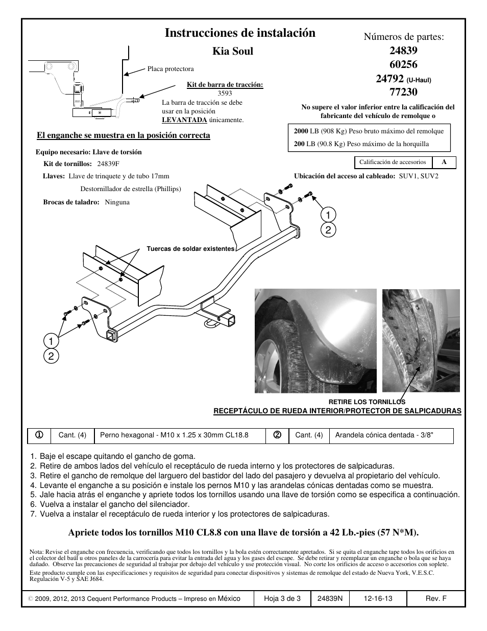 Instrucciones de instalación, Kia soul, Números de partes | Draw-Tite 24839 SPORTFRAME HITCH User Manual | Page 3 / 3