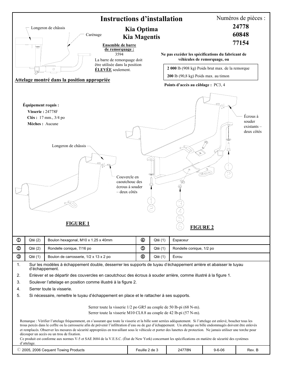 Instructions d’installation, Kia optima kia magentis, Numéros de pièces | Draw-Tite 24778 SPORTFRAME HITCH User Manual | Page 2 / 3