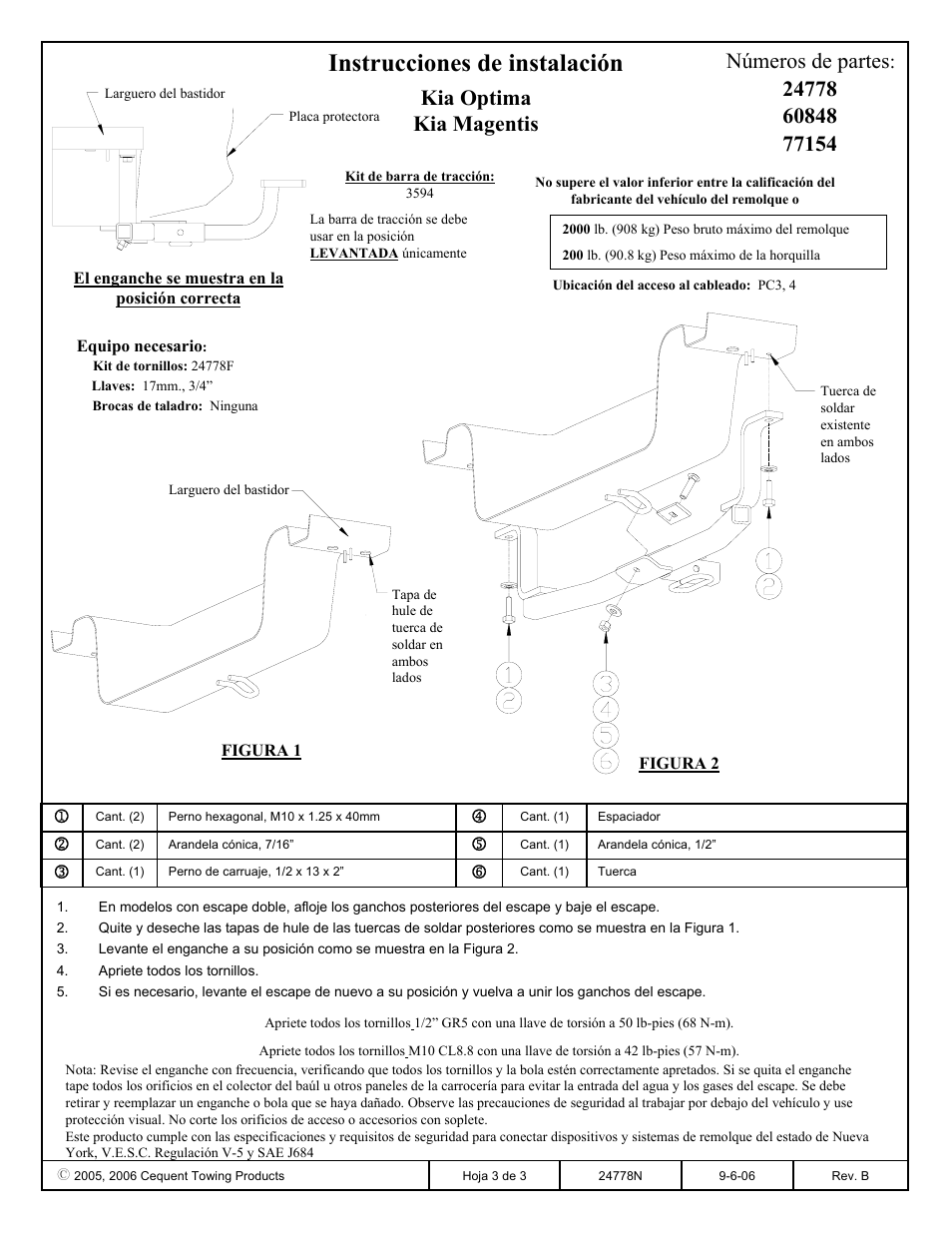 Instrucciones de instalación, Números de partes, Kia optima kia magentis | Draw-Tite 24778 SPORTFRAME HITCH User Manual | Page 3 / 3