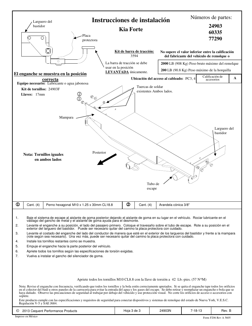 Instrucciones de instalación, Kia forte, Números de partes | Draw-Tite 24903 SPORTFRAME HITCH User Manual | Page 3 / 3