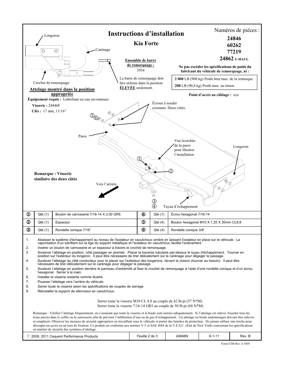 Instructions d’installation, Kia forte, Numéros de pièces | Draw-Tite 24846 SPORTFRAME HITCH User Manual | Page 2 / 3