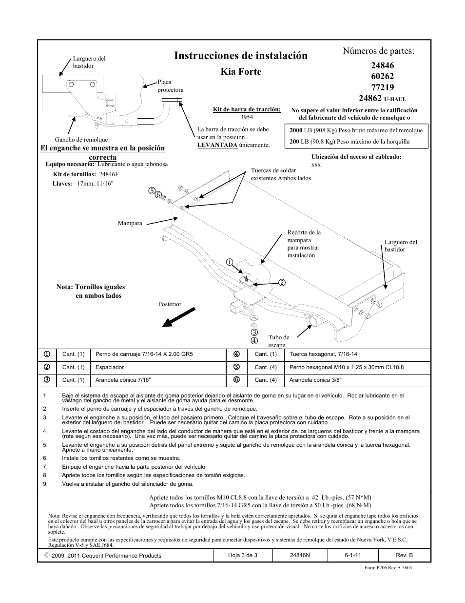 Instrucciones de instalación, Kia forte, Números de partes | Draw-Tite 24846 SPORTFRAME HITCH User Manual | Page 3 / 3