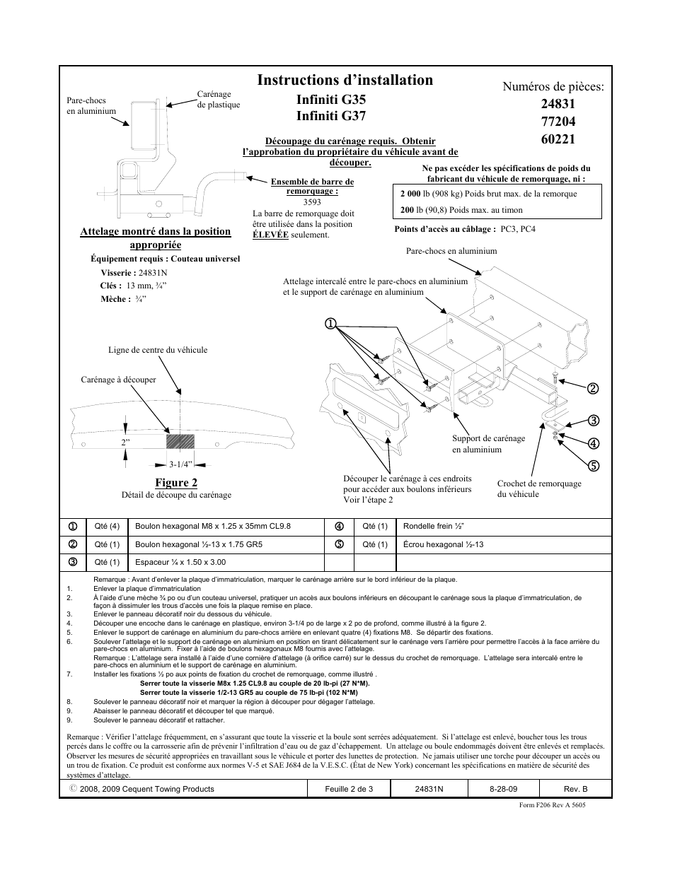 Instructions d’installation, Infiniti g35 infiniti g37, Numéros de pièces | Figure 2 | Draw-Tite 24831 SPORTFRAME HITCH User Manual | Page 2 / 3