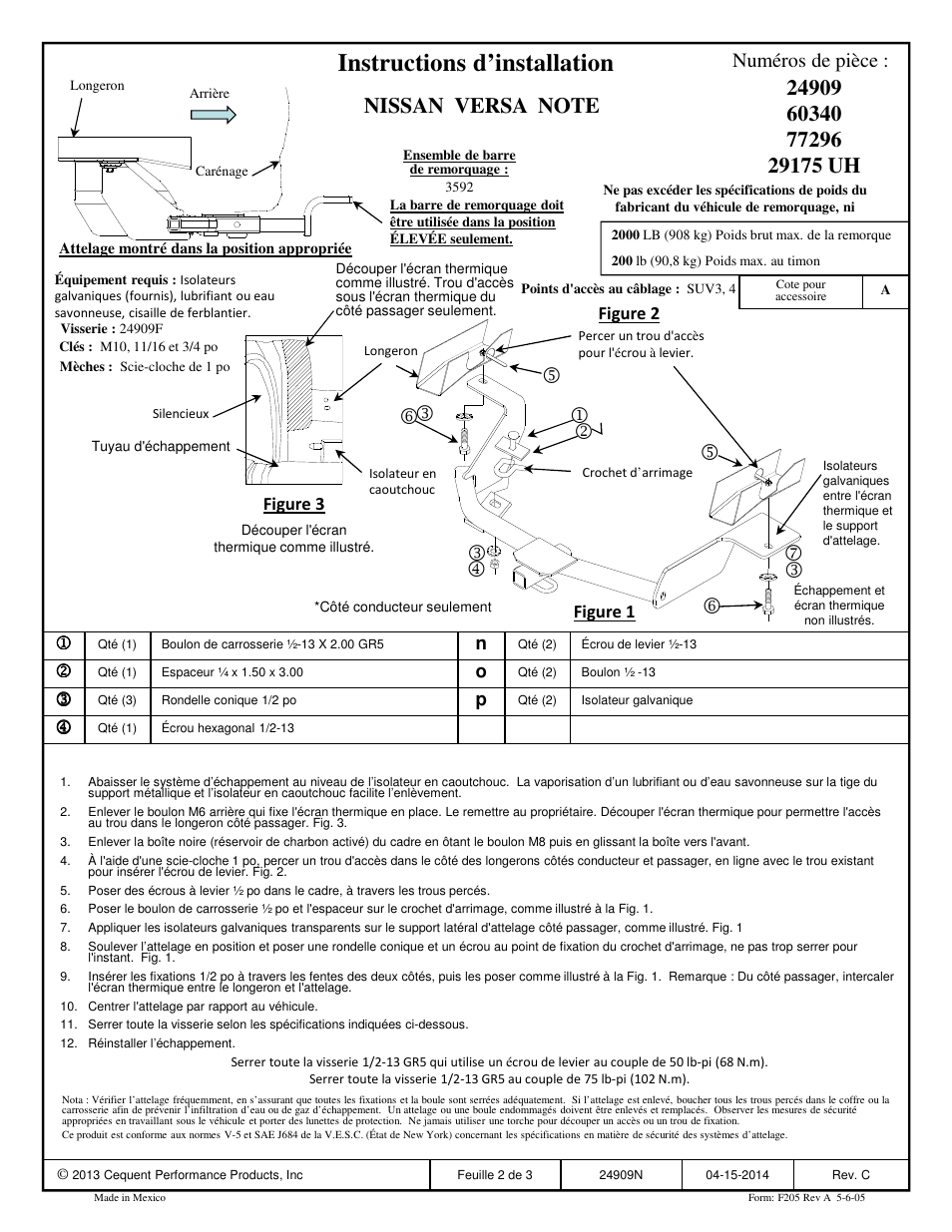 Instructions d’installation, Numéros de pièce | Draw-Tite 24909 SPORTFRAME HITCH User Manual | Page 2 / 3