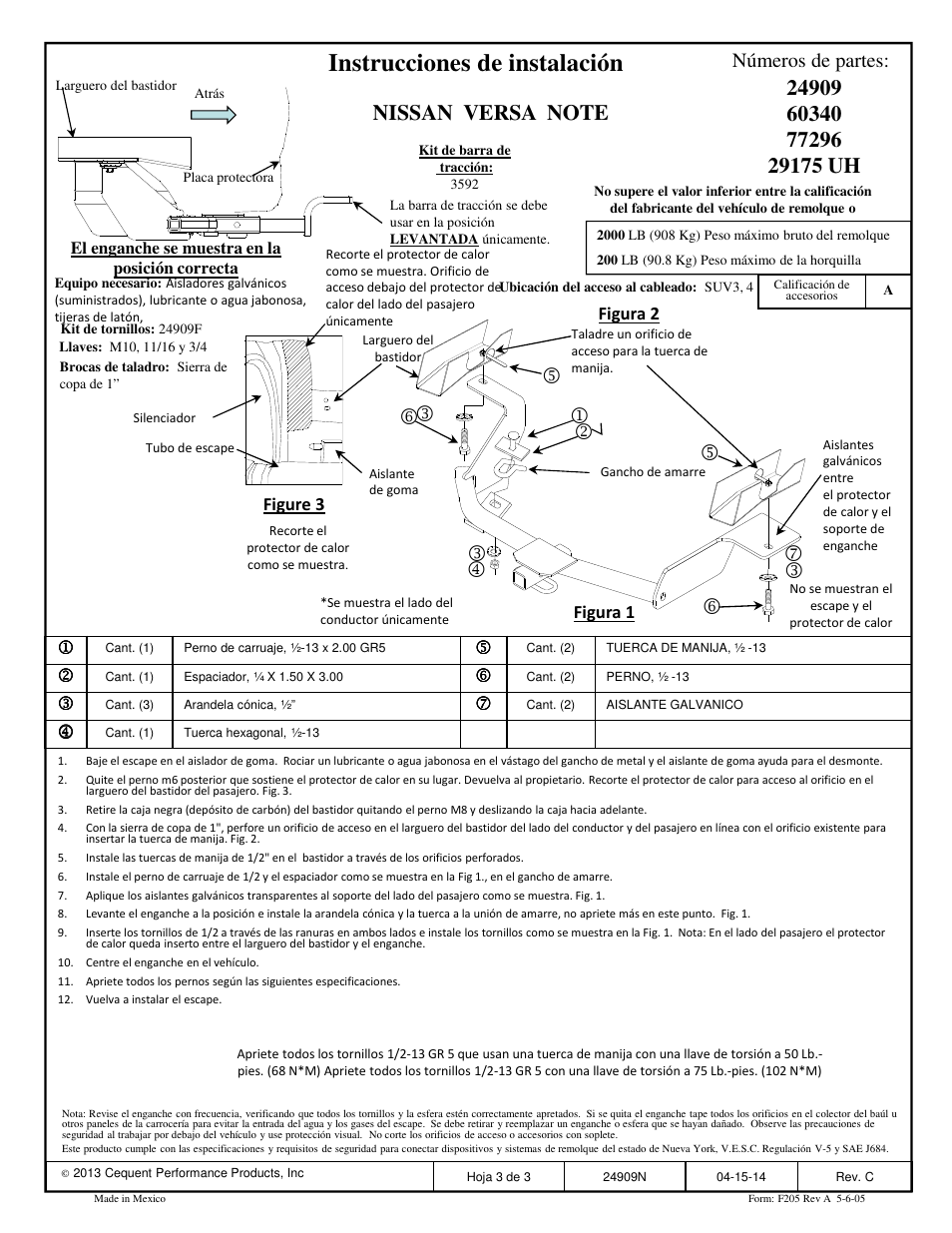 Instrucciones de instalación, Números de partes | Draw-Tite 24909 SPORTFRAME HITCH User Manual | Page 3 / 3