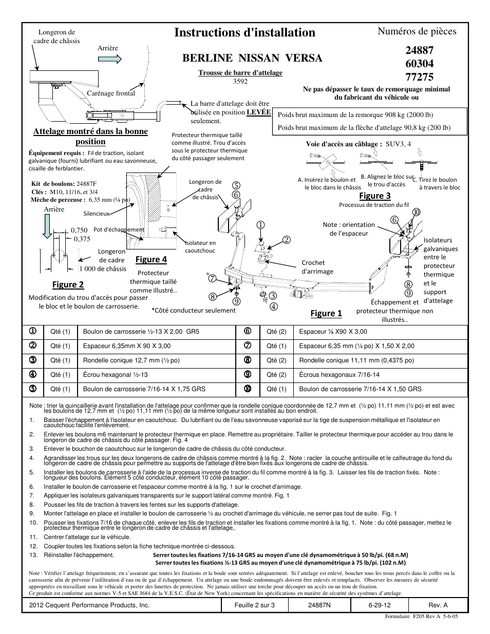 Instructions d'installation, Berline nissan versa, Numéros de pièces | Draw-Tite 24887 SPORTFRAME HITCH User Manual | Page 2 / 3