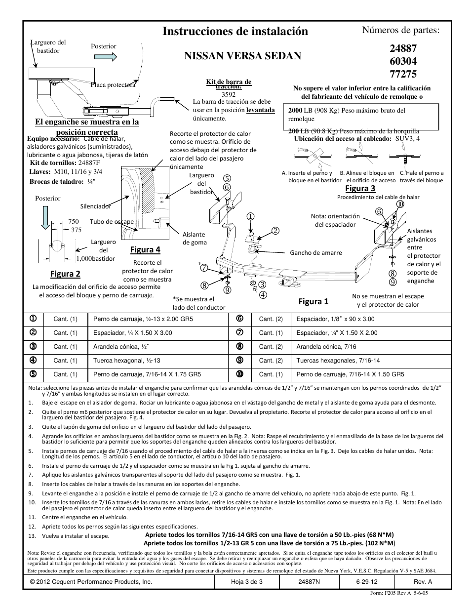 Instrucciones de instalación, Nissan versa sedan, Números de partes | Draw-Tite 24887 SPORTFRAME HITCH User Manual | Page 3 / 3