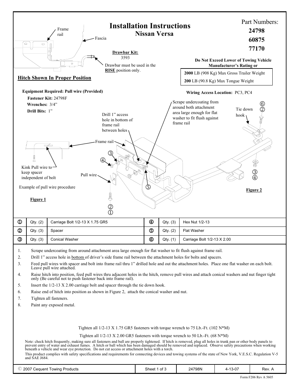 Draw-Tite 24798 SPORTFRAME HITCH User Manual | 3 pages