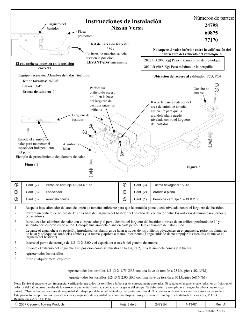 Instrucciones de instalación, Nissan versa, Números de partes | Draw-Tite 24798 SPORTFRAME HITCH User Manual | Page 3 / 3