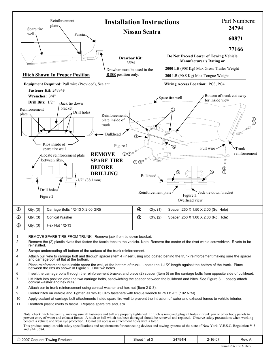 Draw-Tite 24794 SPORTFRAME HITCH User Manual | 3 pages