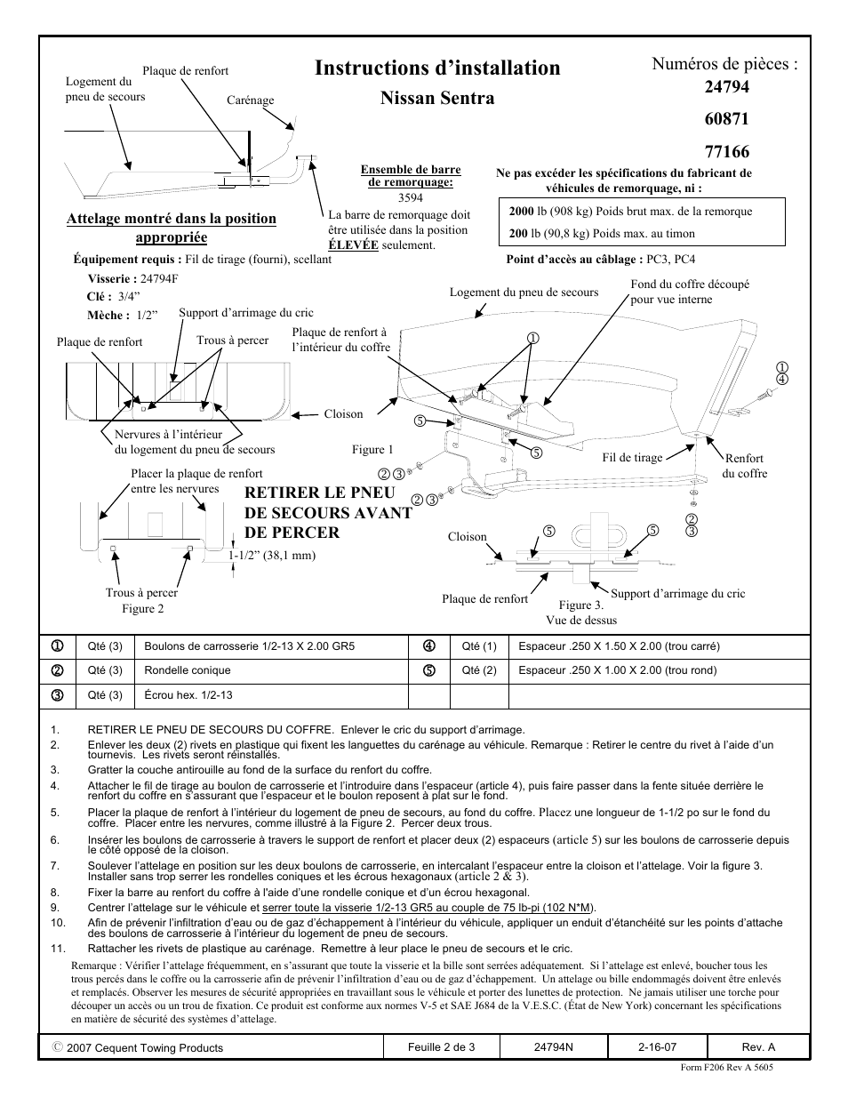 Instructions d’installation, Nissan sentra, Numéros de pièces | Retirer le pneu de secours avant de percer | Draw-Tite 24794 SPORTFRAME HITCH User Manual | Page 2 / 3