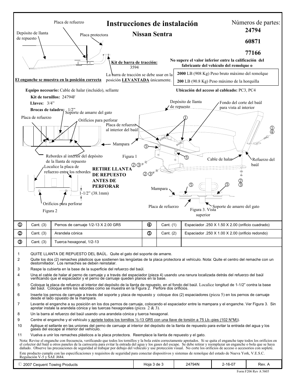 Instrucciones de instalación, Nissan sentra, Números de partes | Draw-Tite 24794 SPORTFRAME HITCH User Manual | Page 3 / 3