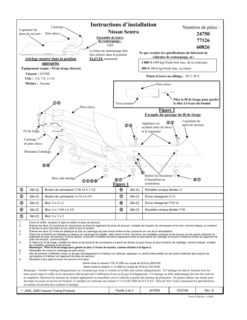 Instructions d’installation, Nissan sentra, Numéros de pièce | Figure 2 figure 1 | Draw-Tite 24750 SPORTFRAME HITCH User Manual | Page 2 / 3
