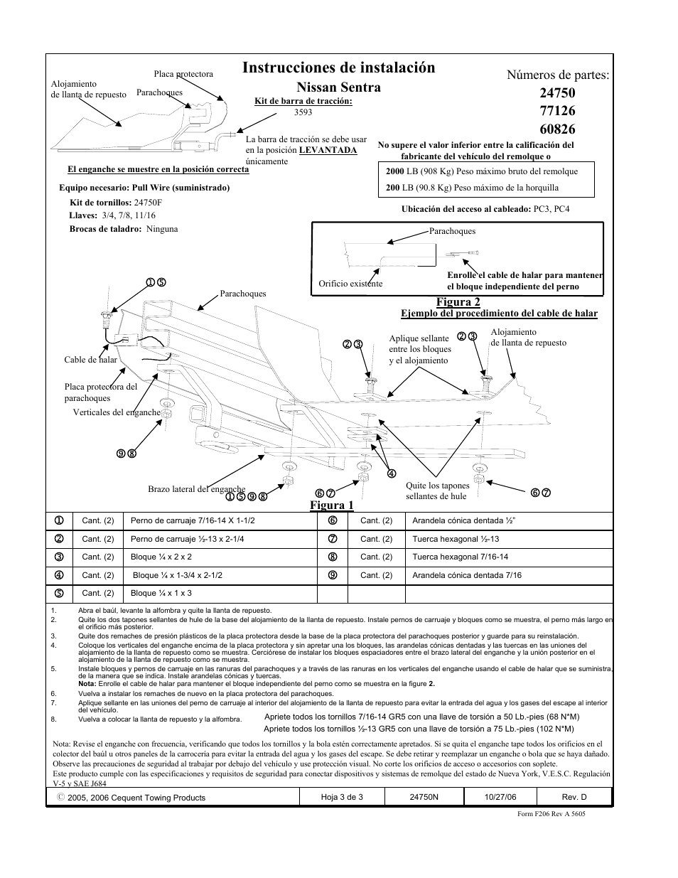 Instrucciones de instalación, Nissan sentra, Números de partes | Figura 2 figura 1 | Draw-Tite 24750 SPORTFRAME HITCH User Manual | Page 3 / 3