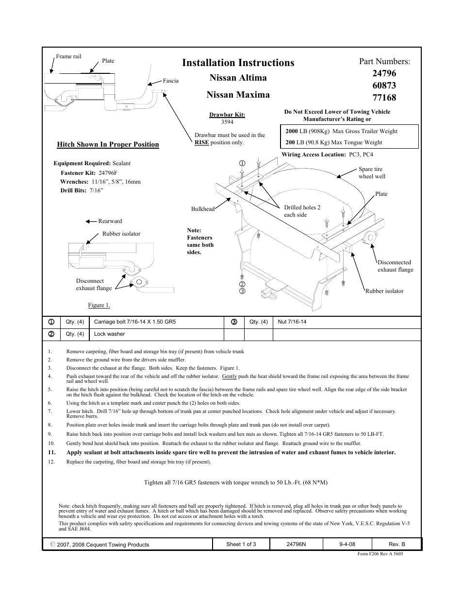 Draw-Tite 24796 SPORTFRAME HITCH User Manual | 3 pages