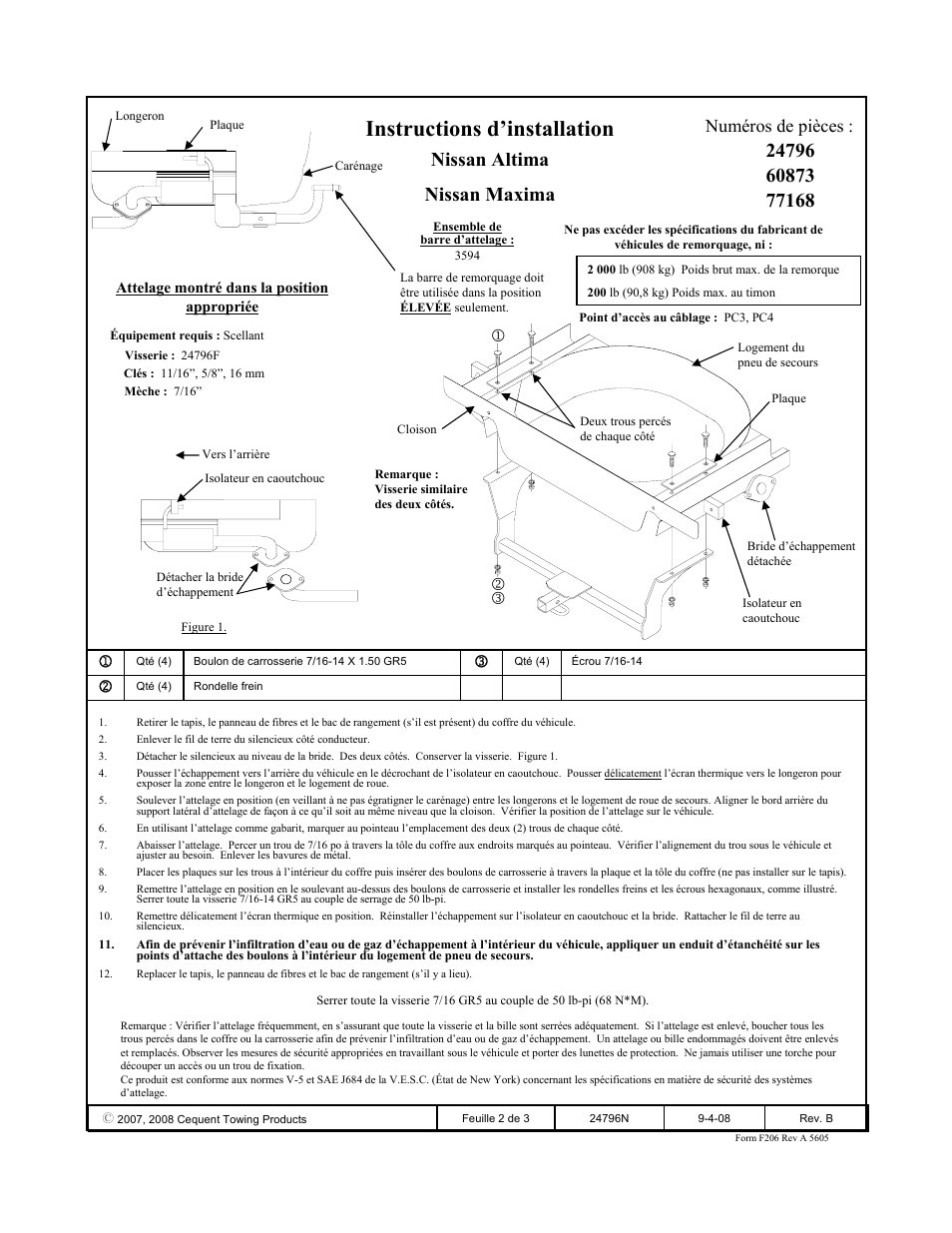 Instructions d’installation, Nissan altima nissan maxima, Numéros de pièces | Draw-Tite 24796 SPORTFRAME HITCH User Manual | Page 2 / 3