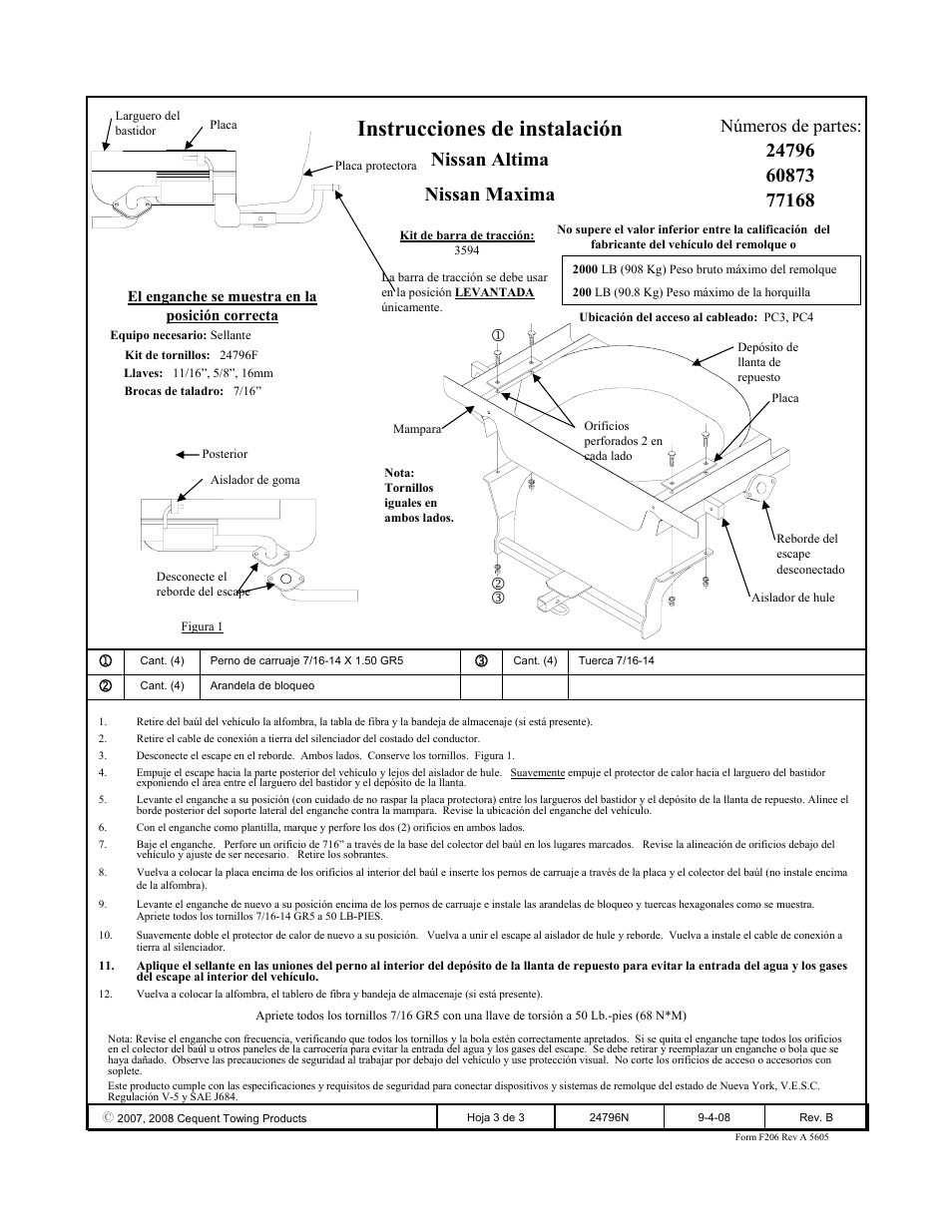 Instrucciones de instalación, Nissan altima nissan maxima, Números de partes | Draw-Tite 24796 SPORTFRAME HITCH User Manual | Page 3 / 3