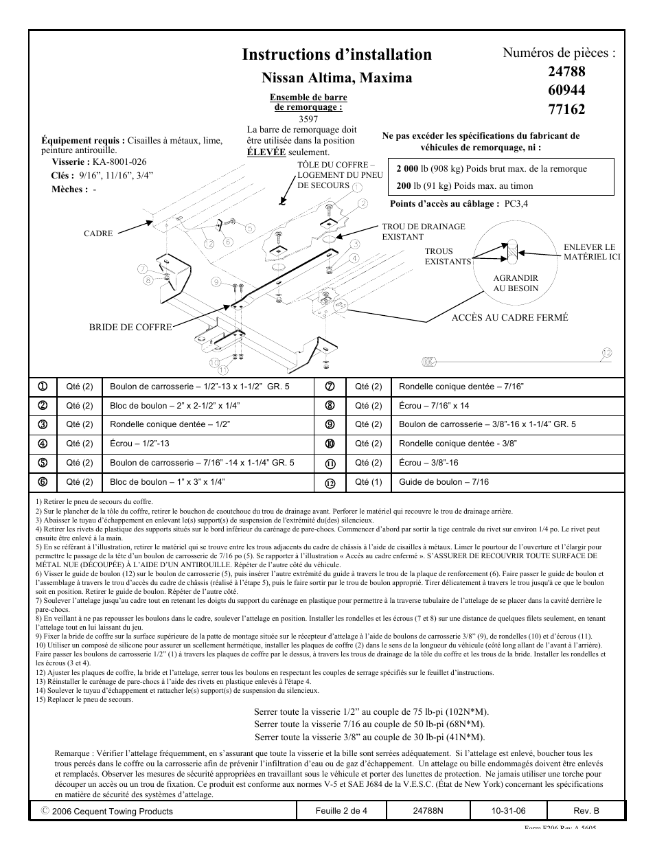 Instructions d’installation, Nissan altima, maxima, Numéros de pièces | Draw-Tite 24788 SPORTFRAME HITCH User Manual | Page 2 / 4