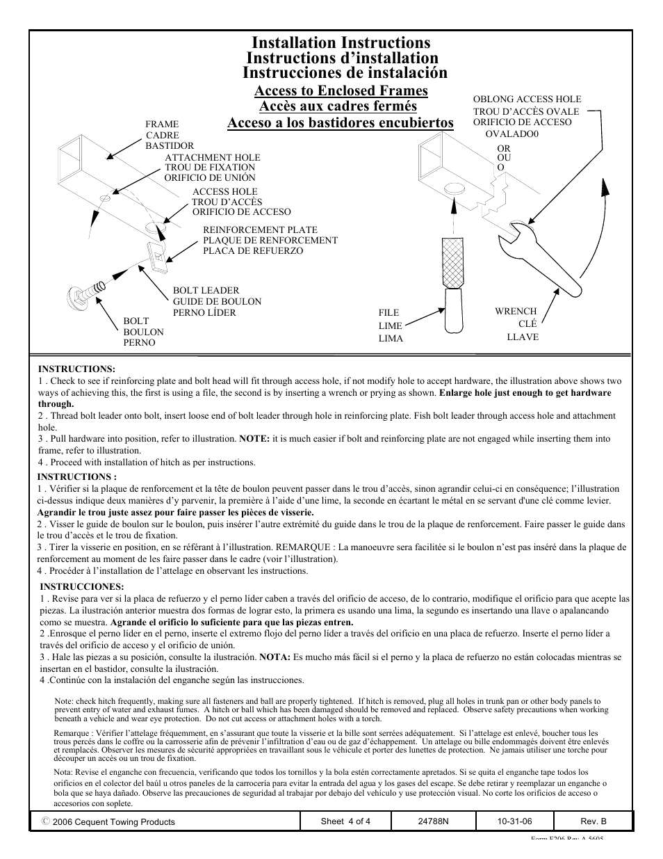 Installation instructions, Instructions d’installation, Instrucciones de instalación | Access to enclosed frames, Accès aux cadres fermés, Acceso a los bastidores encubiertos | Draw-Tite 24788 SPORTFRAME HITCH User Manual | Page 4 / 4