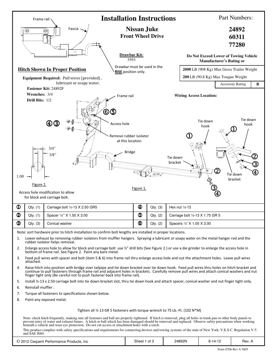 Draw-Tite 24892 SPORTFRAME HITCH User Manual | 3 pages