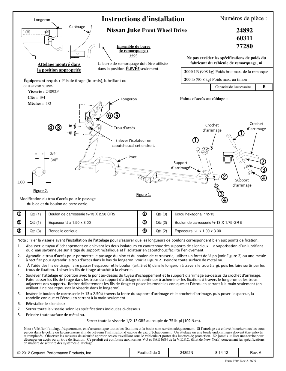 Instructions d’installation | Draw-Tite 24892 SPORTFRAME HITCH User Manual | Page 2 / 3