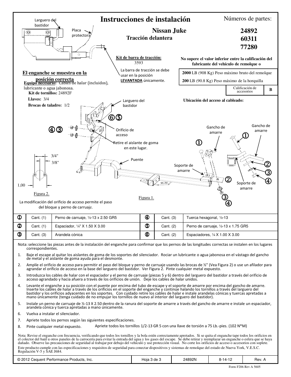 Instrucciones de instalación | Draw-Tite 24892 SPORTFRAME HITCH User Manual | Page 3 / 3