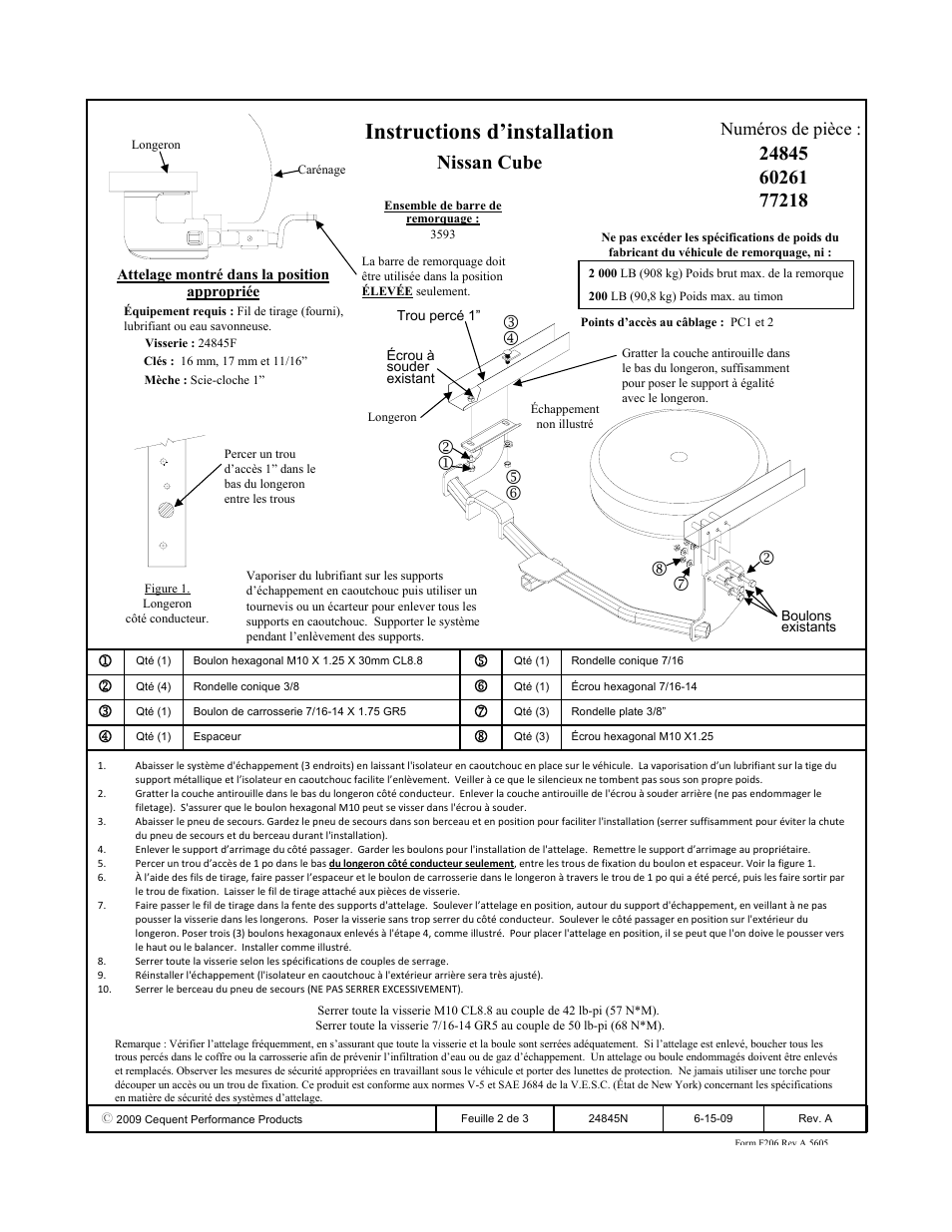 Instructions d’installation, Nissan cube, Numéros de pièce | Draw-Tite 24845 SPORTFRAME HITCH User Manual | Page 2 / 3