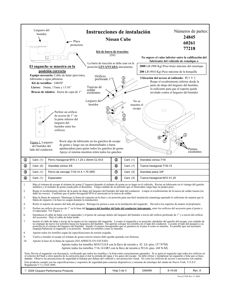 Instrucciones de instalación, Nissan cube, Números de partes | Draw-Tite 24845 SPORTFRAME HITCH User Manual | Page 3 / 3