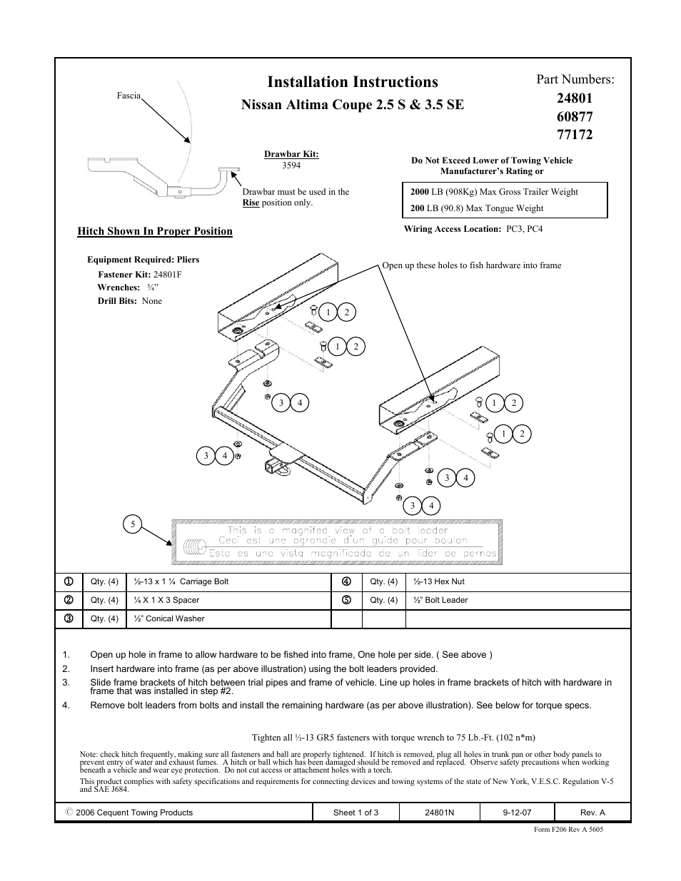 Draw-Tite 24801 SPORTFRAME HITCH User Manual | 3 pages