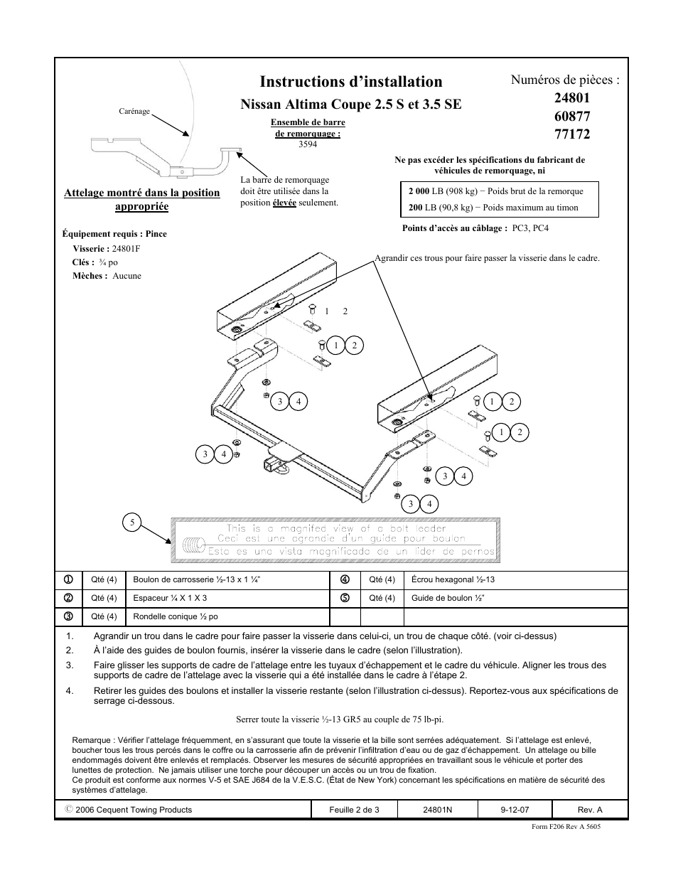 Instructions d’installation, Nissan altima coupe 2.5 s et 3.5 se, Numéros de pièces | Draw-Tite 24801 SPORTFRAME HITCH User Manual | Page 2 / 3