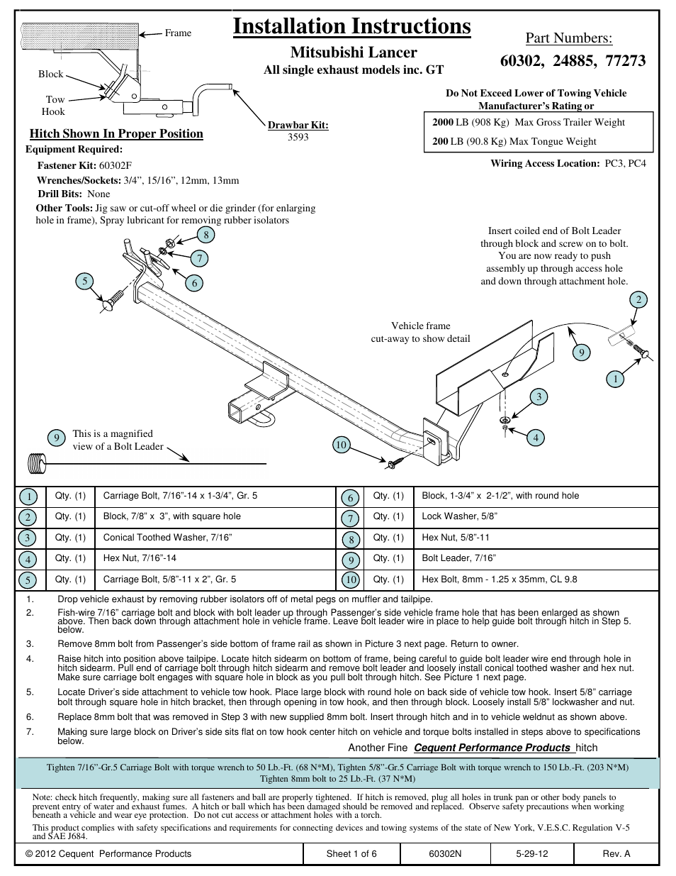 Draw-Tite 24885 SPORTFRAME HITCH User Manual | 6 pages