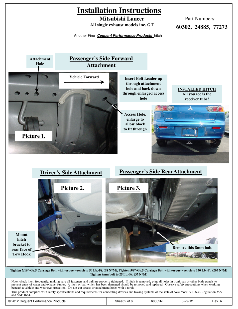 Installation instructions, Mitsubishi lancer, Picture 1 | Passenger’s side forward attachment, Part numbers | Draw-Tite 24885 SPORTFRAME HITCH User Manual | Page 2 / 6