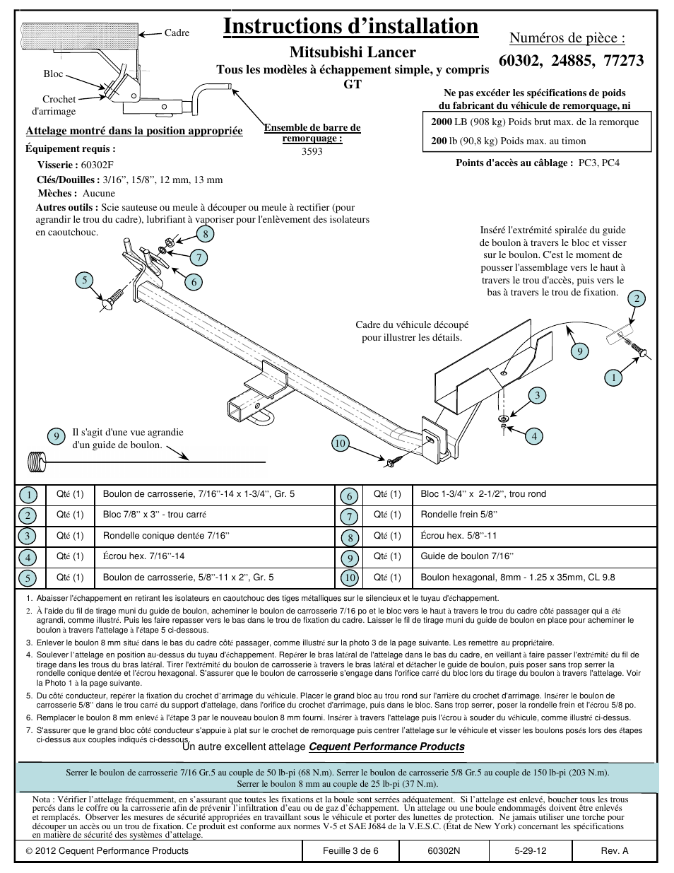 Instructions d’installation, Mitsubishi lancer, Numéros de pièce | Draw-Tite 24885 SPORTFRAME HITCH User Manual | Page 3 / 6